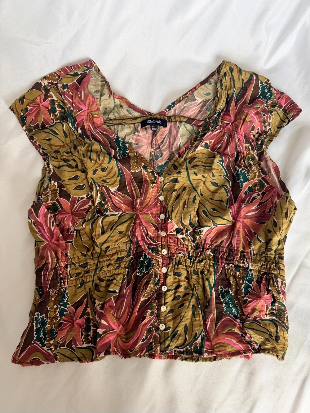 Madewell Tropical Leaf Print Button Front Smocked Waist Cap Sleeve Top XXL